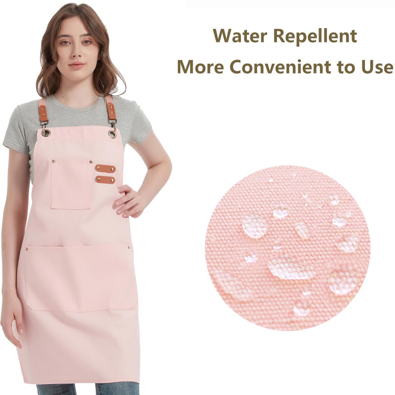AFUN Chef Aprons for Women Men with Large Pockets  Cotton Canvas Cross Back Water Repellent Work Apron  Size M to XXL (LightPink) - Image 2